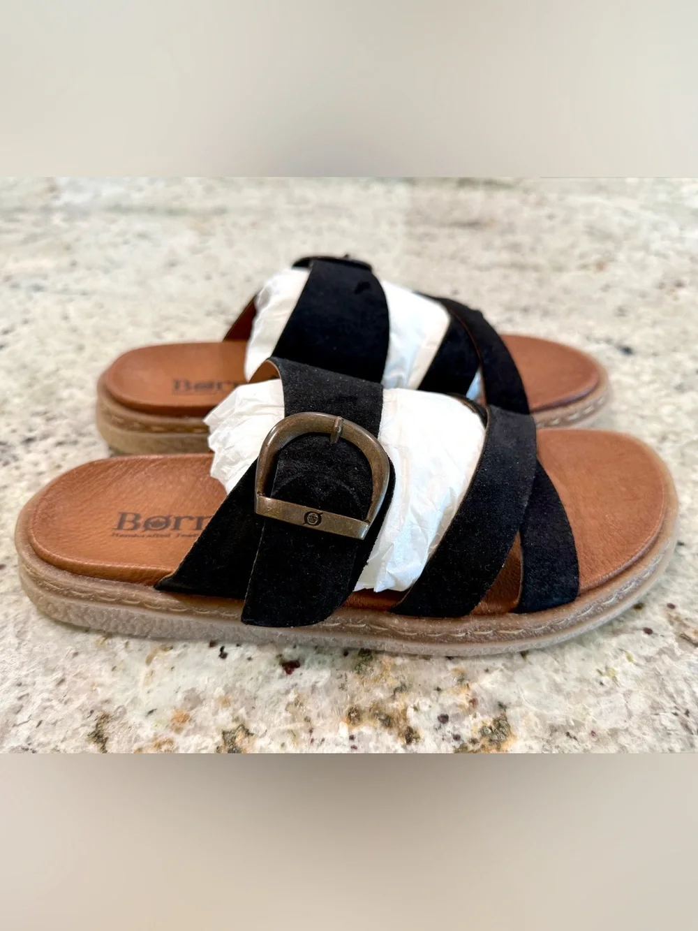Born Black Suede Crisscross Buckle Slide Sandals NWOT